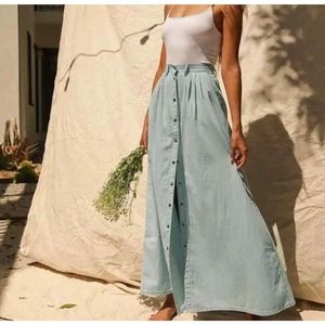 Pistola Skirt Womens Medium Blue Chambray Maxi Snap Front Pleated Light Wash